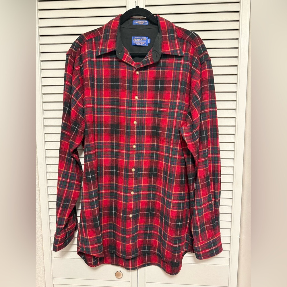 Pendleton Men's Red, Green, Black, and Yellow Wool Plaid Button Down Shirt - LT